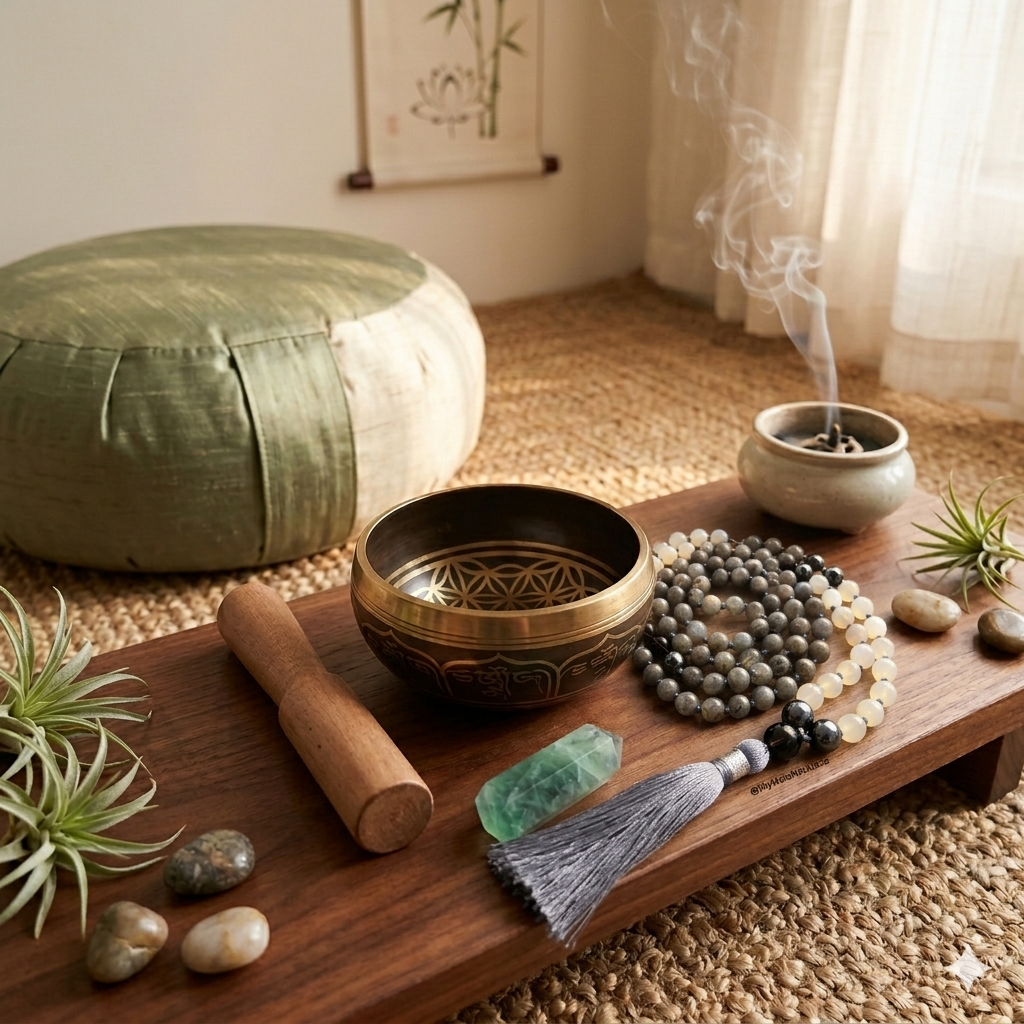 Whenever you take your Mala off to place it in its home, try to turn it into a tiny, 2-second mindfulness ritual. Hold the Guru bead to your heart for just one breath, mentally say thank you to yourself for practicing mindfulness, and place it gently into its resting spot.