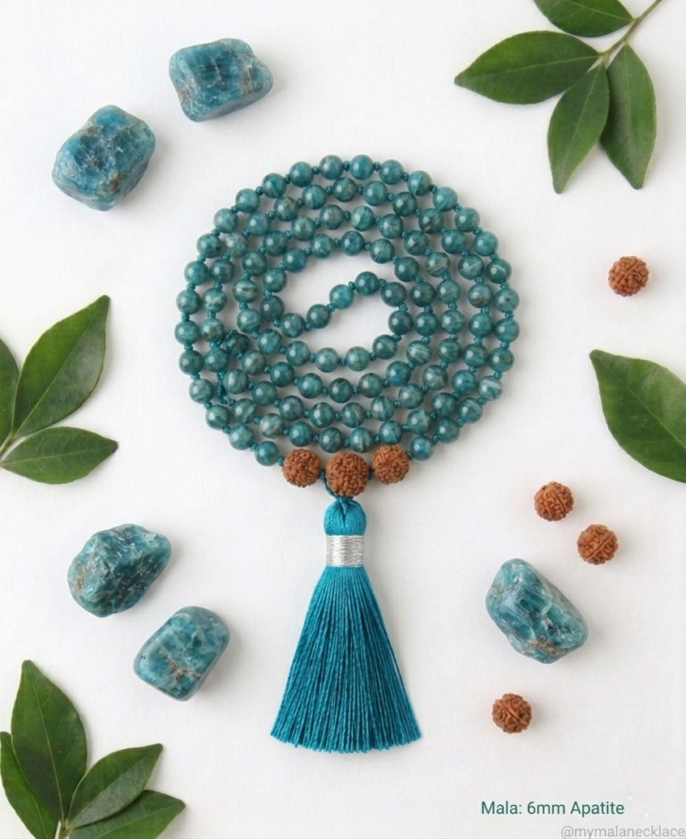 "Handcrafted 108-bead mala necklace made of vibrant blue-green Apatite gemstones featuring a flowing teal tassel, displayed on a neutral background."