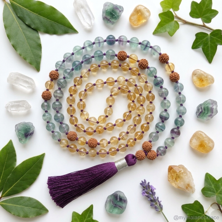 "Handcrafted Fluorite and Citrine mala necklace for focus and productivity, featuring polished gemstone beads and a decorative tassel, displayed on a clean surface alongside raw crystals to highlight its use for deep work and creativity."