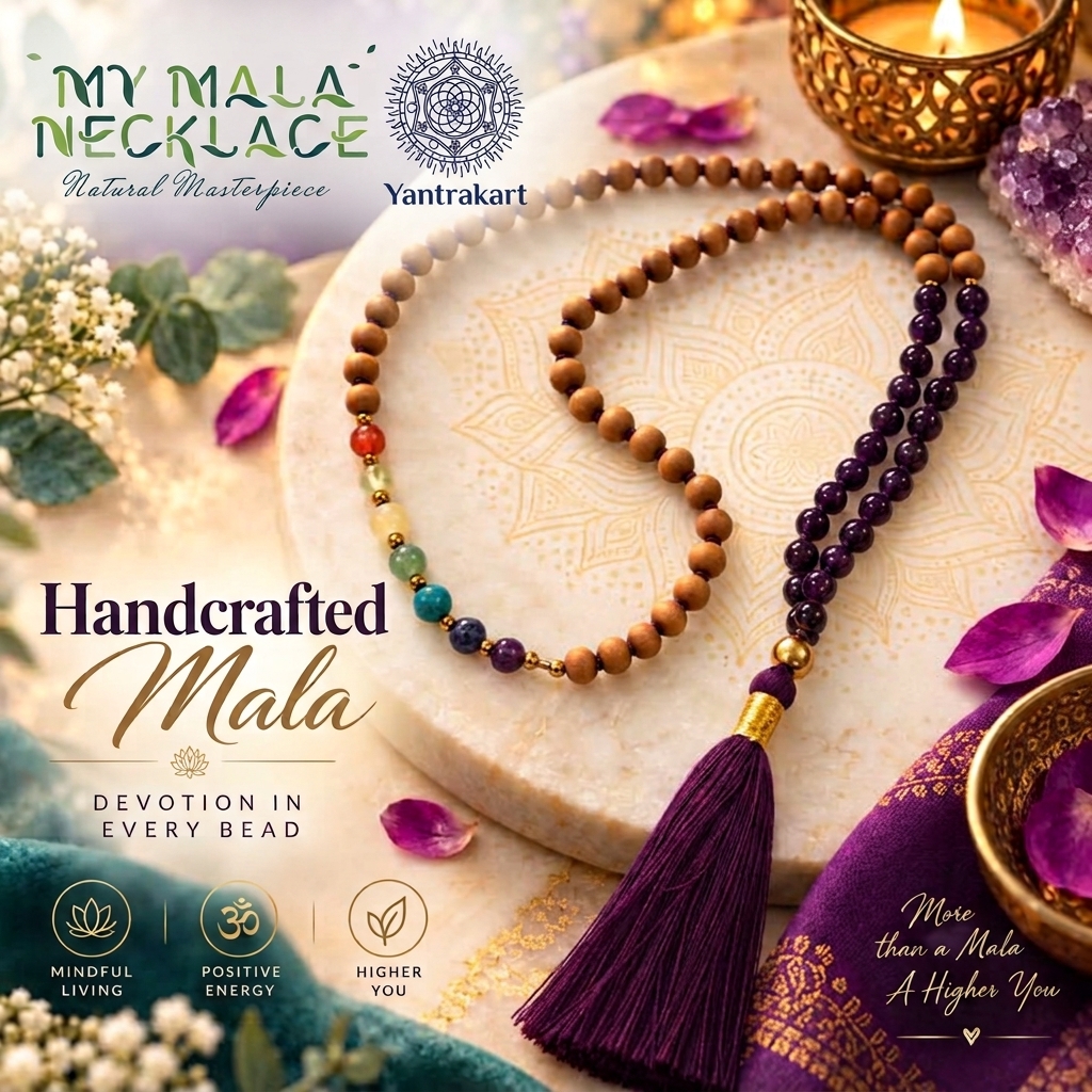 Handcrafted Chakra Mala Necklace with natural wood beads and purple tassel on marble display