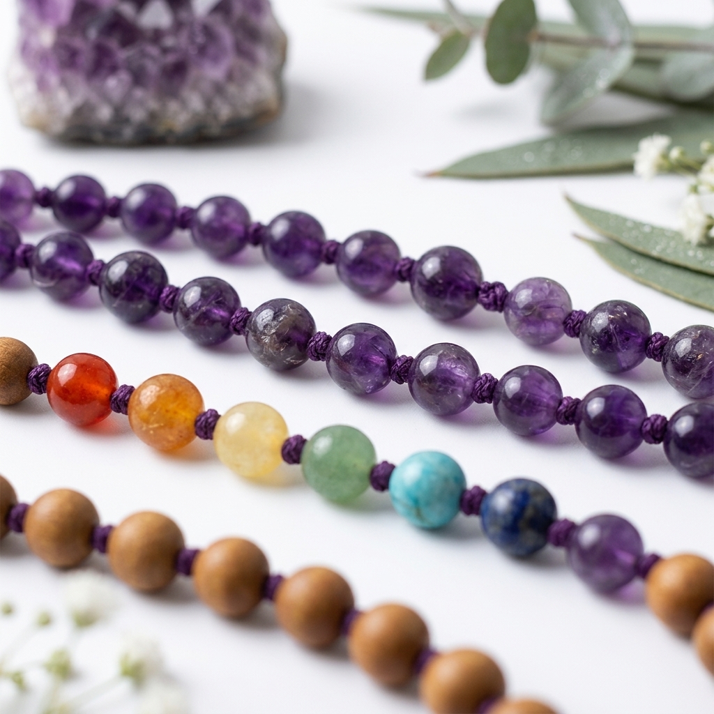 Seven Chakras on Amethyst and Sandalwood Mala